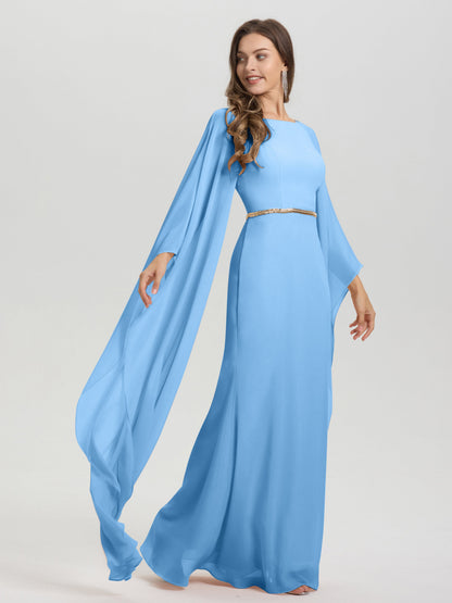 Sheath Flowy Long Sleeves Waisted Zip Back Chiffon Bridesmaid Dress