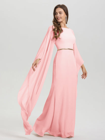Sheath Flowy Long Sleeves Waisted Zip Back Chiffon Bridesmaid Dress