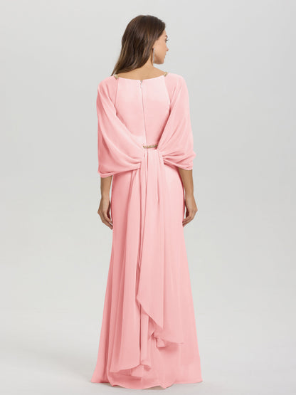 Sheath Flowy Long Sleeves Waisted Zip Back Chiffon Bridesmaid Dress