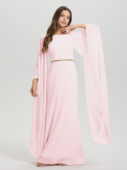 Sheath Flowy Long Sleeves Waisted Zip Back Chiffon Bridesmaid Dress