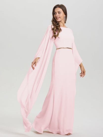 Sheath Flowy Long Sleeves Waisted Zip Back Chiffon Bridesmaid Dress