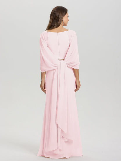 Sheath Flowy Long Sleeves Waisted Zip Back Chiffon Bridesmaid Dress