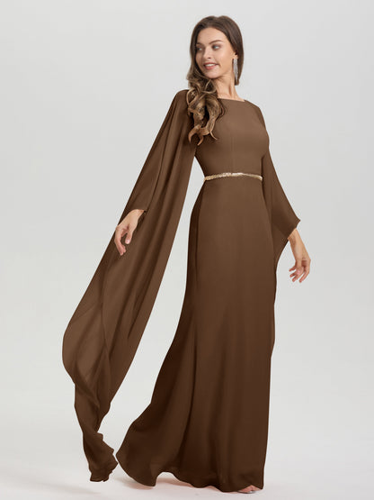 Sheath Flowy Long Sleeves Waisted Zip Back Chiffon Bridesmaid Dress