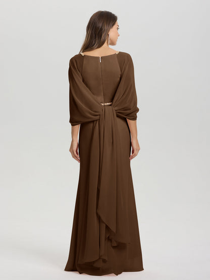 Sheath Flowy Long Sleeves Waisted Zip Back Chiffon Bridesmaid Dress