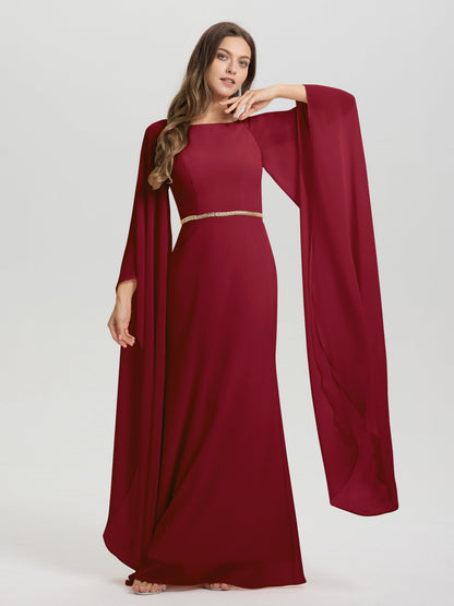 Sheath Flowy Long Sleeves Waisted Zip Back Chiffon Bridesmaid Dress