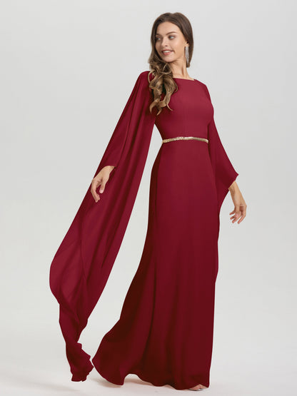 Sheath Flowy Long Sleeves Waisted Zip Back Chiffon Bridesmaid Dress