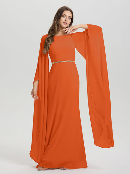 Sheath Flowy Long Sleeves Waisted Zip Back Chiffon Bridesmaid Dress