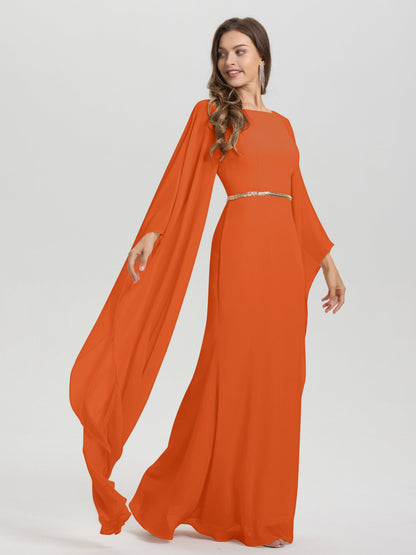 Sheath Flowy Long Sleeves Waisted Zip Back Chiffon Bridesmaid Dress