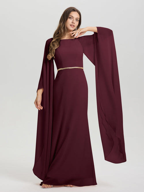 Sheath Flowy Long Sleeves Waisted Zip Back Chiffon Bridesmaid Dress