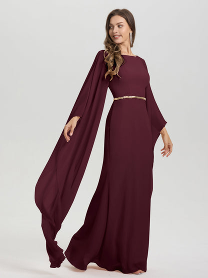 Sheath Flowy Long Sleeves Waisted Zip Back Chiffon Bridesmaid Dress