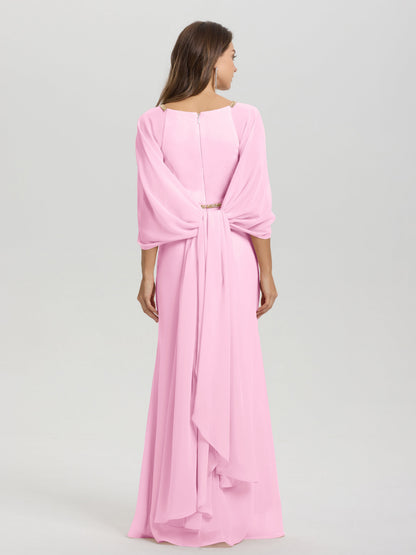 Sheath Flowy Long Sleeves Waisted Zip Back Chiffon Bridesmaid Dress
