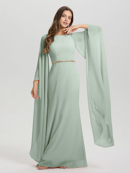 Sheath Flowy Long Sleeves Waisted Zip Back Chiffon Bridesmaid Dress