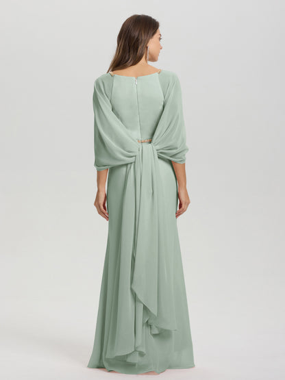 Sheath Flowy Long Sleeves Waisted Zip Back Chiffon Bridesmaid Dress