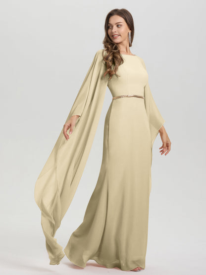 Sheath Flowy Long Sleeves Waisted Zip Back Chiffon Bridesmaid Dress