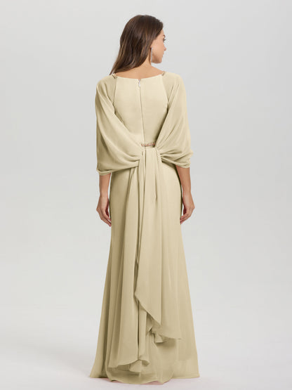 Sheath Flowy Long Sleeves Waisted Zip Back Chiffon Bridesmaid Dress