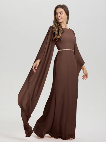 Sheath Flowy Long Sleeves Waisted Zip Back Chiffon Bridesmaid Dress