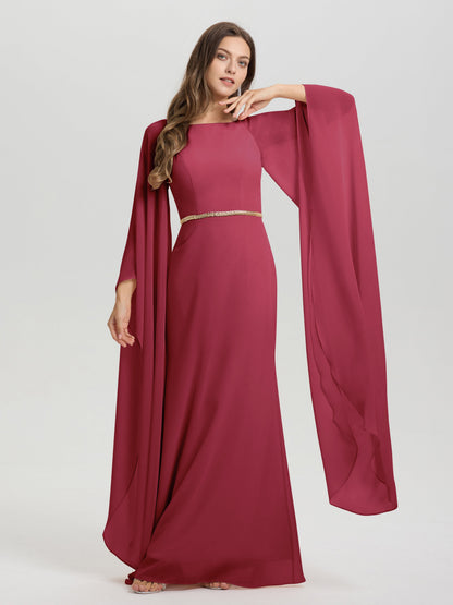 Sheath Flowy Long Sleeves Waisted Zip Back Chiffon Bridesmaid Dress