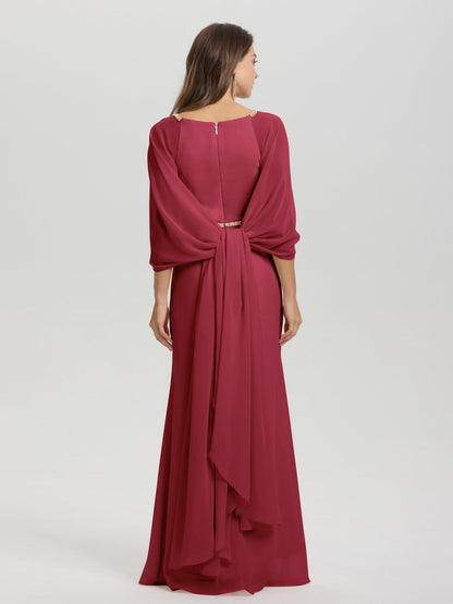 Sheath Flowy Long Sleeves Waisted Zip Back Chiffon Bridesmaid Dress