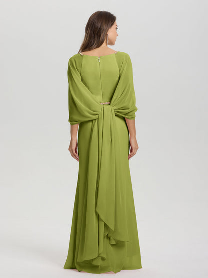 Sheath Flowy Long Sleeves Waisted Zip Back Chiffon Bridesmaid Dress