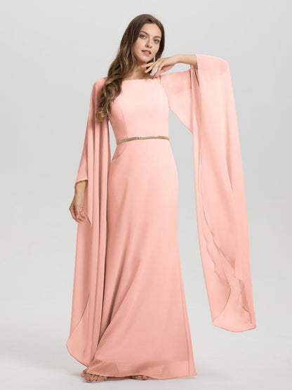 Sheath Flowy Long Sleeves Waisted Zip Back Chiffon Bridesmaid Dress