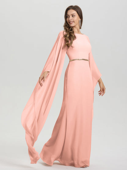 Sheath Flowy Long Sleeves Waisted Zip Back Chiffon Bridesmaid Dress