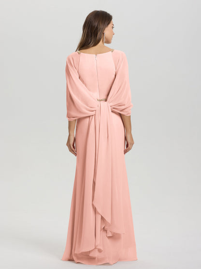 Sheath Flowy Long Sleeves Waisted Zip Back Chiffon Bridesmaid Dress
