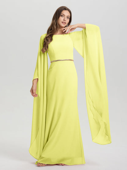 Sheath Flowy Long Sleeves Waisted Zip Back Chiffon Bridesmaid Dress
