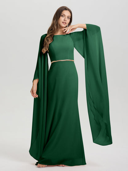 Sheath Flowy Long Sleeves Waisted Zip Back Chiffon Bridesmaid Dress