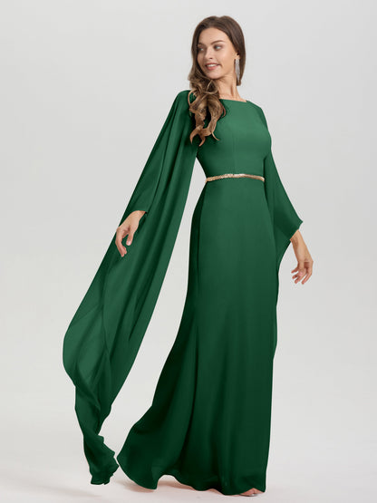Sheath Flowy Long Sleeves Waisted Zip Back Chiffon Bridesmaid Dress