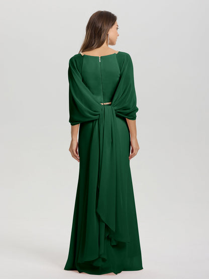 Sheath Flowy Long Sleeves Waisted Zip Back Chiffon Bridesmaid Dress