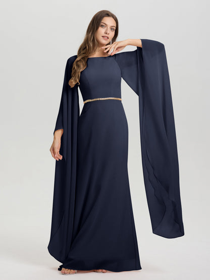 Sheath Flowy Long Sleeves Waisted Zip Back Chiffon Bridesmaid Dress