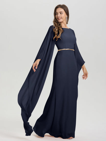 Sheath Flowy Long Sleeves Waisted Zip Back Chiffon Bridesmaid Dress