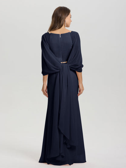 Sheath Flowy Long Sleeves Waisted Zip Back Chiffon Bridesmaid Dress