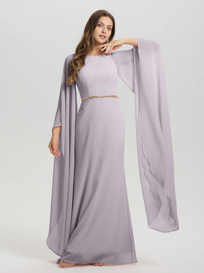 Sheath Flowy Long Sleeves Waisted Zip Back Chiffon Bridesmaid Dress