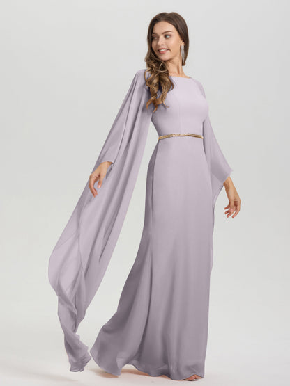 Sheath Flowy Long Sleeves Waisted Zip Back Chiffon Bridesmaid Dress