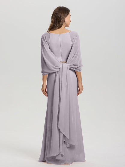 Sheath Flowy Long Sleeves Waisted Zip Back Chiffon Bridesmaid Dress