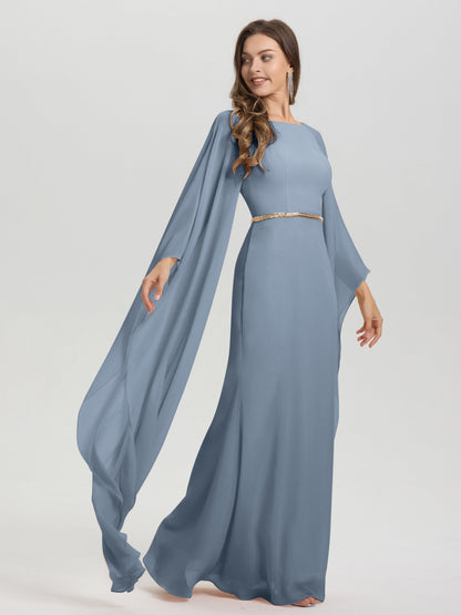 Sheath Flowy Long Sleeves Waisted Zip Back Chiffon Bridesmaid Dress
