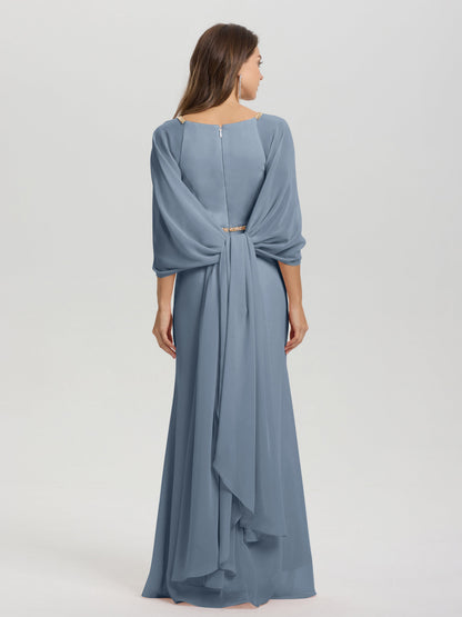 Sheath Flowy Long Sleeves Waisted Zip Back Chiffon Bridesmaid Dress