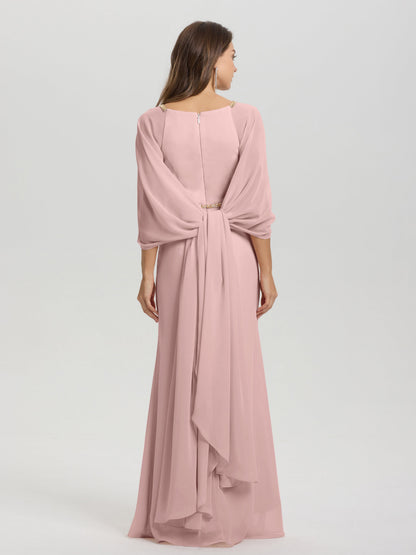 Sheath Flowy Long Sleeves Waisted Zip Back Chiffon Bridesmaid Dress