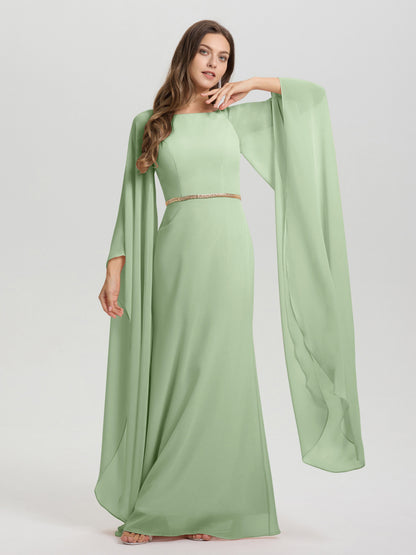Sheath Flowy Long Sleeves Waisted Zip Back Chiffon Bridesmaid Dress