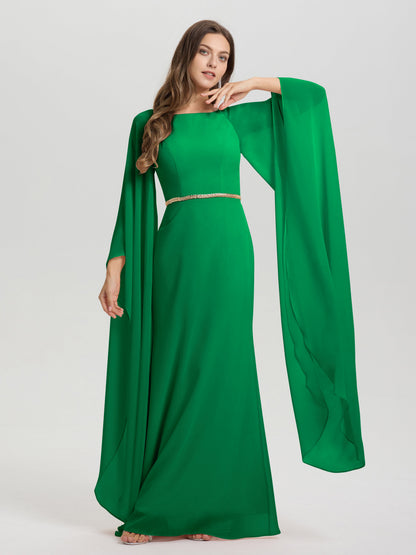 Sheath Flowy Long Sleeves Waisted Zip Back Chiffon Bridesmaid Dress