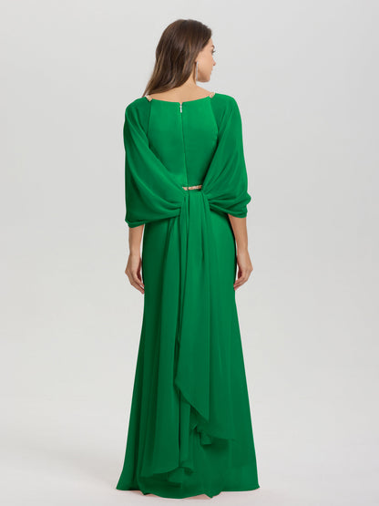 Sheath Flowy Long Sleeves Waisted Zip Back Chiffon Bridesmaid Dress