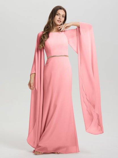 Sheath Flowy Long Sleeves Waisted Zip Back Chiffon Bridesmaid Dress
