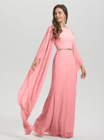 Sheath Flowy Long Sleeves Waisted Zip Back Chiffon Bridesmaid Dress