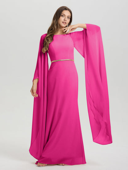 Sheath Flowy Long Sleeves Waisted Zip Back Chiffon Bridesmaid Dress