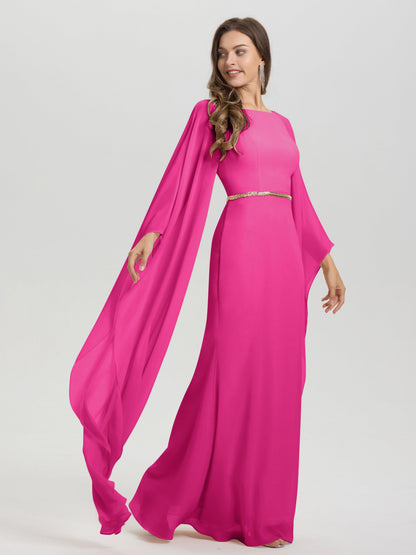 Sheath Flowy Long Sleeves Waisted Zip Back Chiffon Bridesmaid Dress
