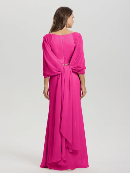 Sheath Flowy Long Sleeves Waisted Zip Back Chiffon Bridesmaid Dress