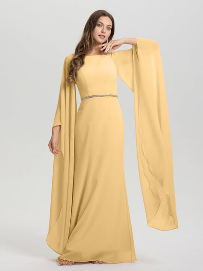 Sheath Flowy Long Sleeves Waisted Zip Back Chiffon Bridesmaid Dress