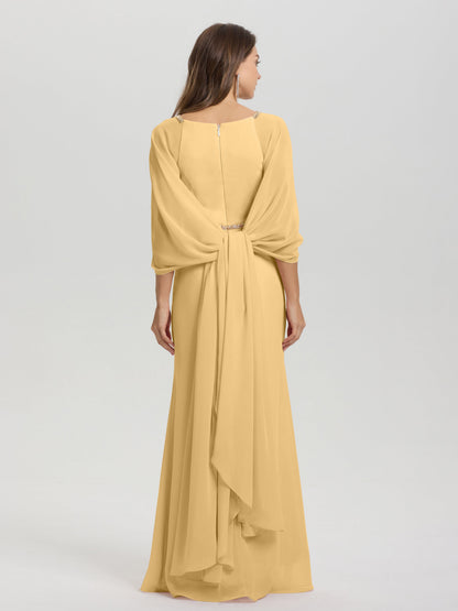 Sheath Flowy Long Sleeves Waisted Zip Back Chiffon Bridesmaid Dress