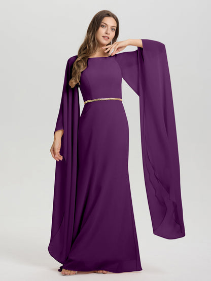 Sheath Flowy Long Sleeves Waisted Zip Back Chiffon Bridesmaid Dress